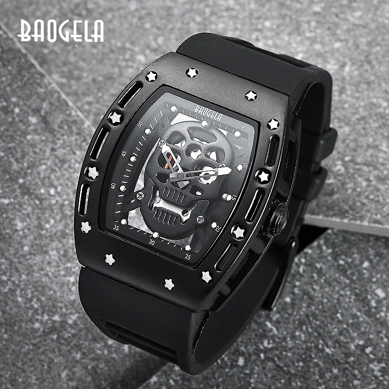 BAOGELA New Arrival Style Pirate Skull Quartz Men Watches Military Silicone Brand Mens Sports Watch Waterproof Relogio Masculino