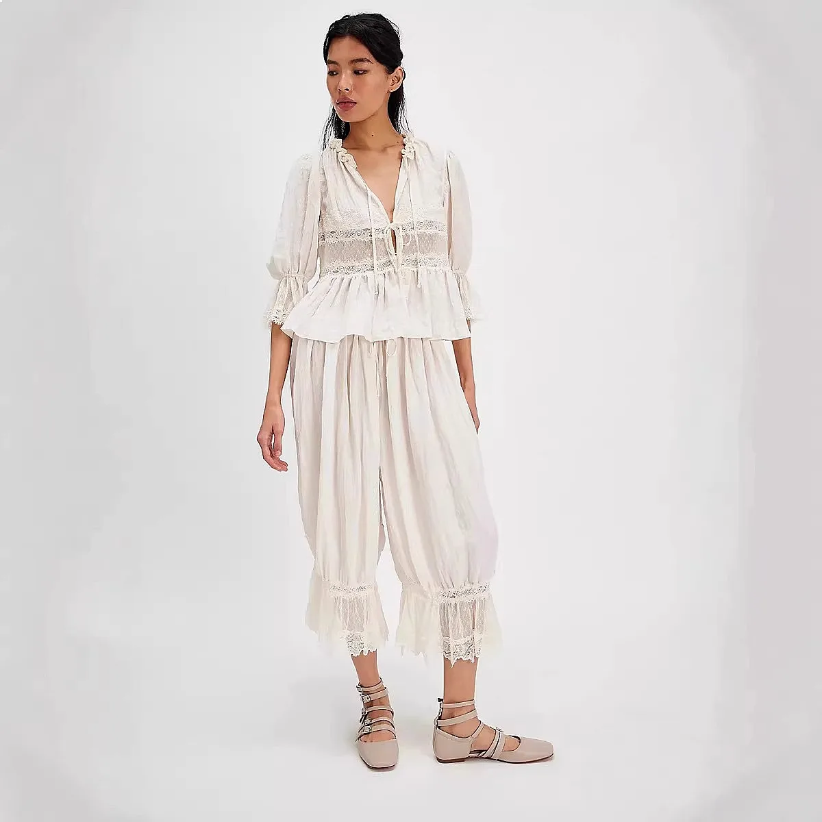 Sheer Lace Tie Homewear Pajamas Set Women Comfortable Sleepwear Shorts Spring Summer