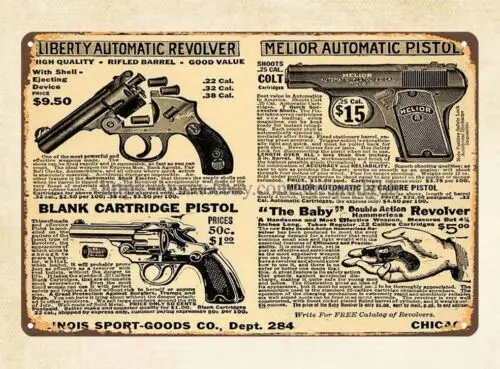 room art 1921 Ad Liberty Revolver Melior Pistol Baby Hammerless metal tin sign