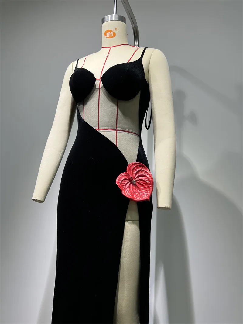 Robe de soirée en maille transparente, motif Floral rouge, bretelles Patchwork, mode européenne et américaine, nouvelle collection été 2025