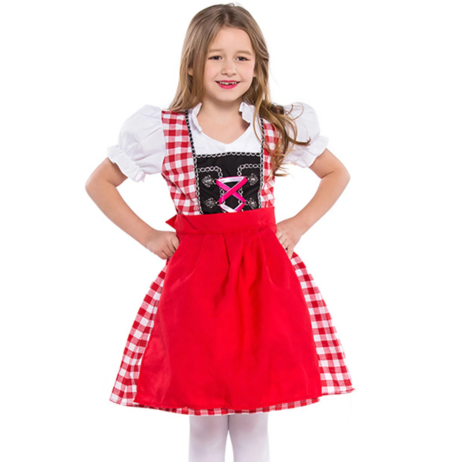 

2025 Child Red Plaid Dirndl Dress German Oktoberfest Costume Bavarian Traditional Beer Girl Cosplay Fancy Party Dress 5-9 Years