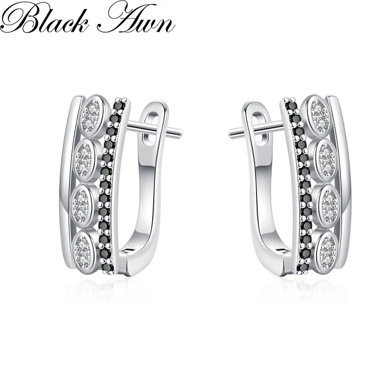 Black Awn Classic Silver Color Round Black Trendy Spinel Engagement Hoop Earrings for Women Jewelry Bijoux I306