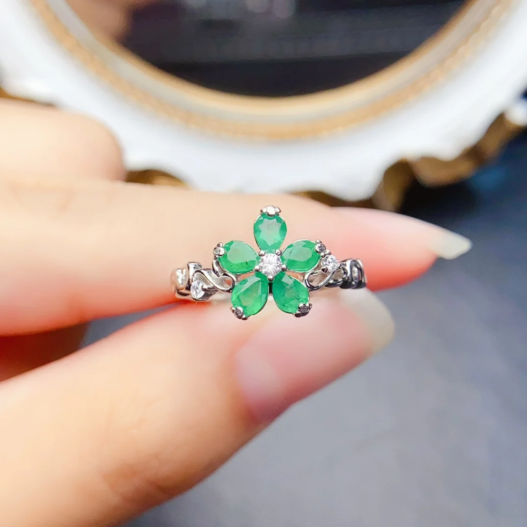 

3*4mm Natural Emerald Ring Flower Design S925 Sterling Silver With Certificate Fashion Fine Charm Wedding Jewelry for Women FS