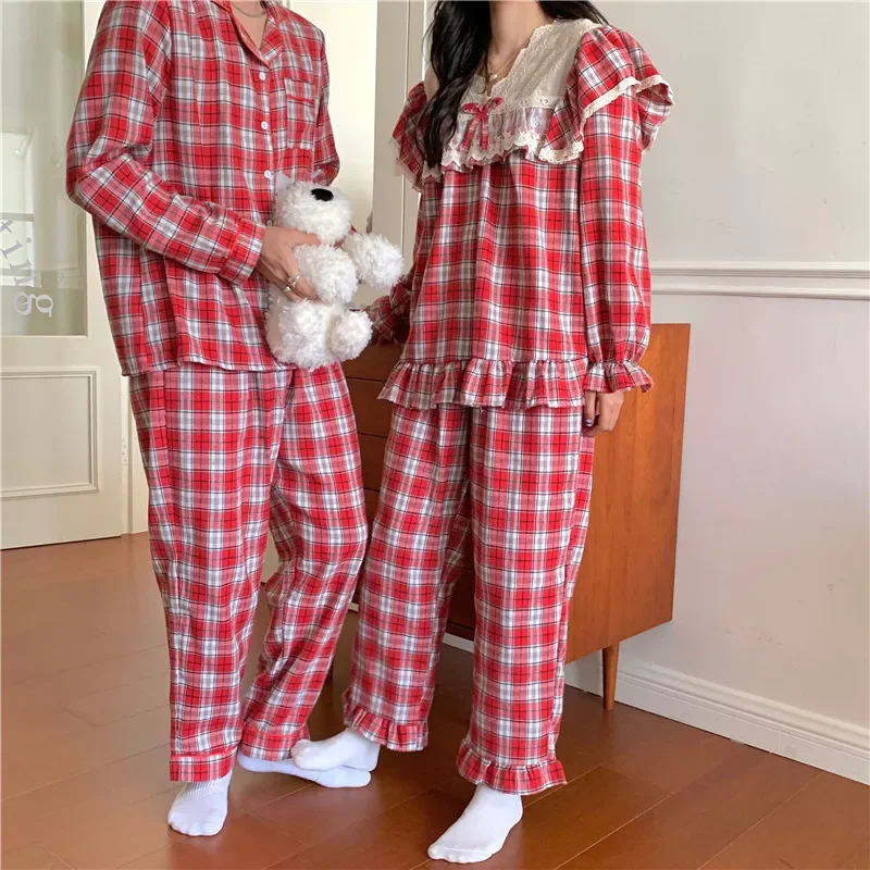 Loose Casual Couple Pajamas Sweet Lace Vintage Red Plaid  Thick  Nightwear Autumn Winter Princess Style Christmas Homewear D711