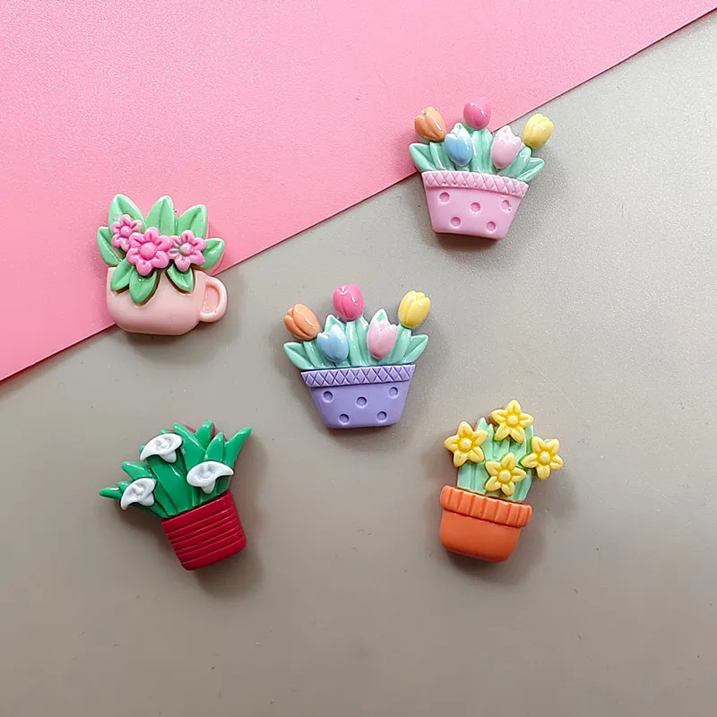 10pcS Fresh Flower Tulip Potted DIY Icebox Shoes Hat Barrette Mobile Phone Case Scrapboo Decoration Cream Glue Flat Back Resin