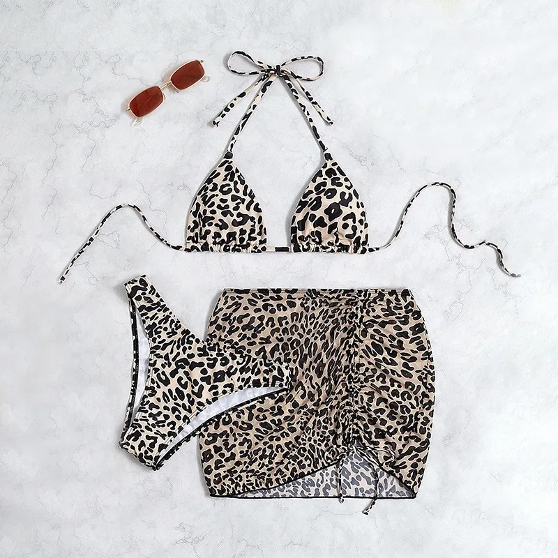 New Leopard Print Halter Neck Bikini Swimsuit Sexy Drawstring Mesh Skirt Three-piece Swimsuit Beachwear with Chest Pad