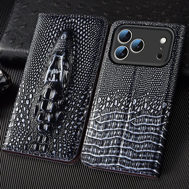 

Genuine Leather Crocodile 3D Head Flip Case for iPhone 17 16 16E 15 14 13 12 11 8 X XS XR Pro Max Plus Card Slots Wallet Cover