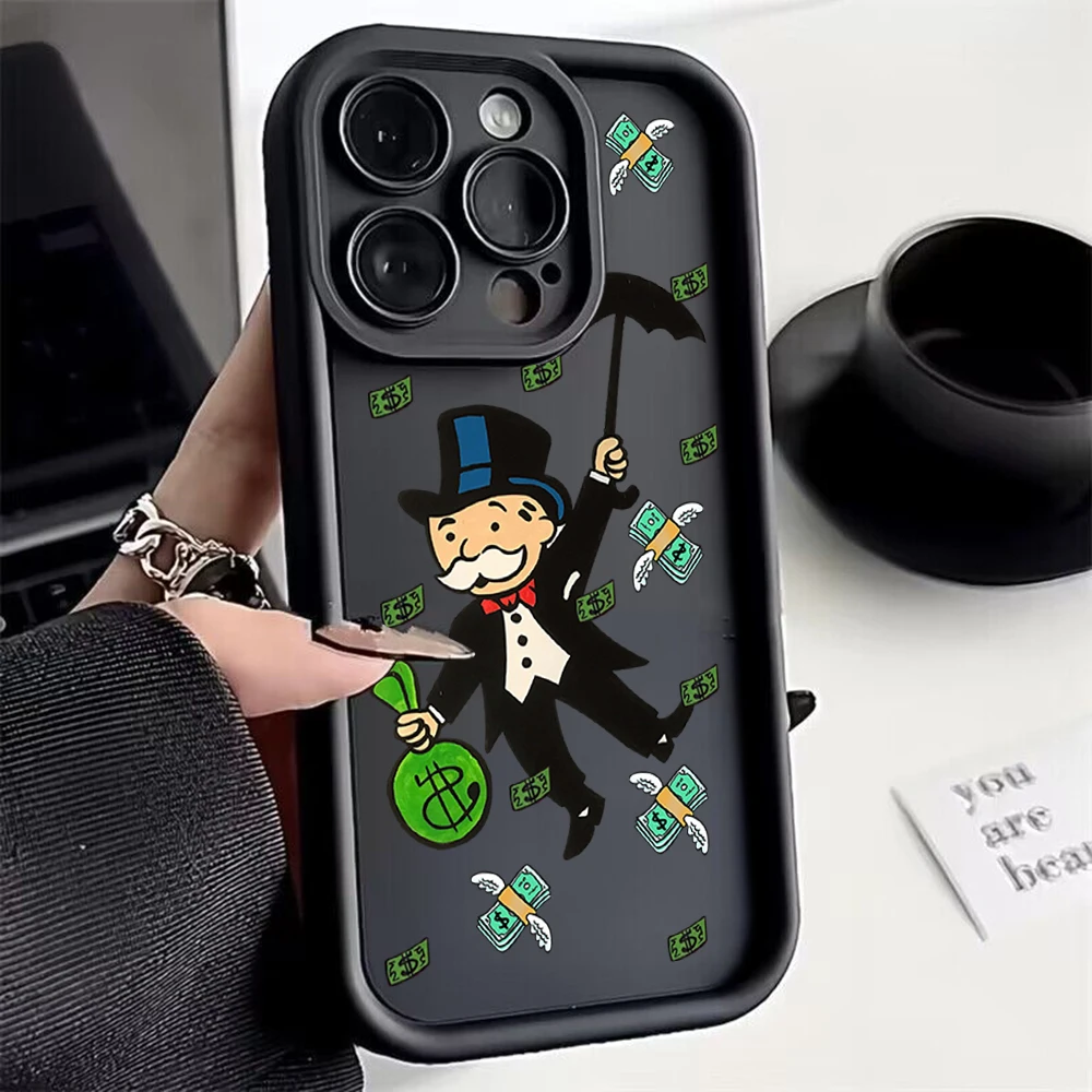 Cartoon Dollar Money Monopolys Phone Case for IPhone 15 14 13 12 11 Pro Max Mini XR XS X 7 8 Soft TPU Back Cover With Hand Strap