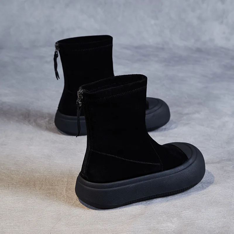 2024 Fashion Thick Bottom Mid Calf Boots Women Sheepskin Suede Round Toe Back Zipper Flat Platform Skinny Socks Boots image 6