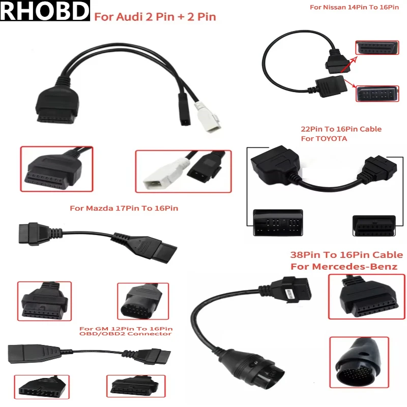 

Новейший адаптер для Toyota/Audi/GM/Mazda/Nissan/BENZ 38/22/14/12/17Pin к OBD2 16-контактный разъем адаптер OBDII женский ремонтный кабель