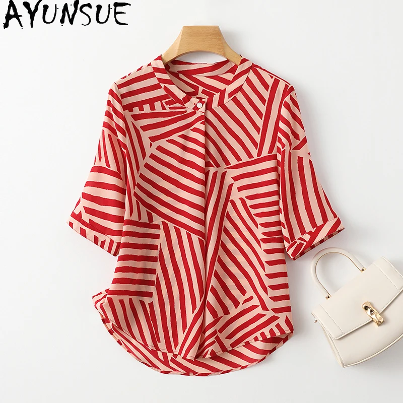 

AYUNSUE 92% Real Mulberry Silk Women Shirt New 2024 Womens Summer Clothes Stripes Short Shirts Personality Tops Camisa Mujer