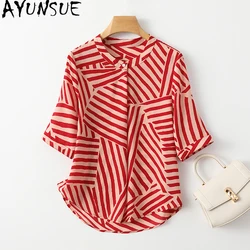 AYUNSUE 92% Real Mulberry Silk Women Shirt New 2024 Womens Summer Clothes Stripes Short Shirts Personality Tops Camisa Mujer