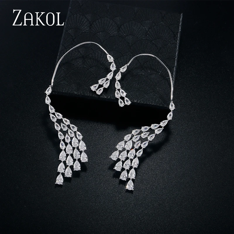 ZAKOL Korean Luxury Wings Leaf Stud Earrings for Women Fashion White Gold Color Water Drop Cubic Zirconia Party Jewelry