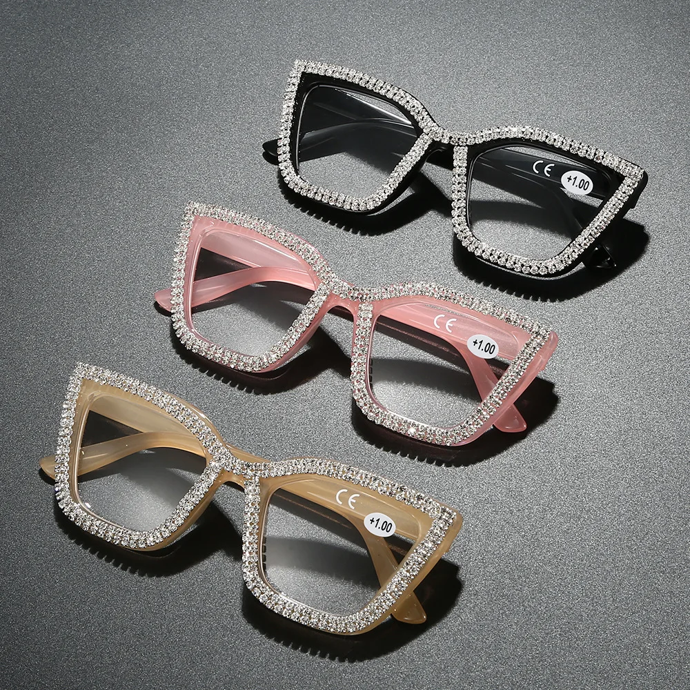 2025New النساء نظارات القراءة موضة تنوعا مكافحة الضوء الأزرق Lnlaid مع الماس القراء فتاة القط العين HD نظارات #3