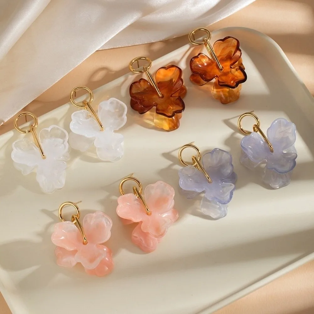 1pair 316L Stainless Steel Flower Stud Earrings Acrylic Transparent Amber Color Metal Earrings Flower Dangle Earrings