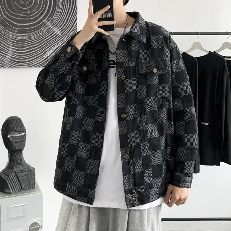 Men's Denim Jacket Blue Lattice Button Black Autumn with Print Male Jean Coats Washed Large Size Clothing Designer Branded Lxury