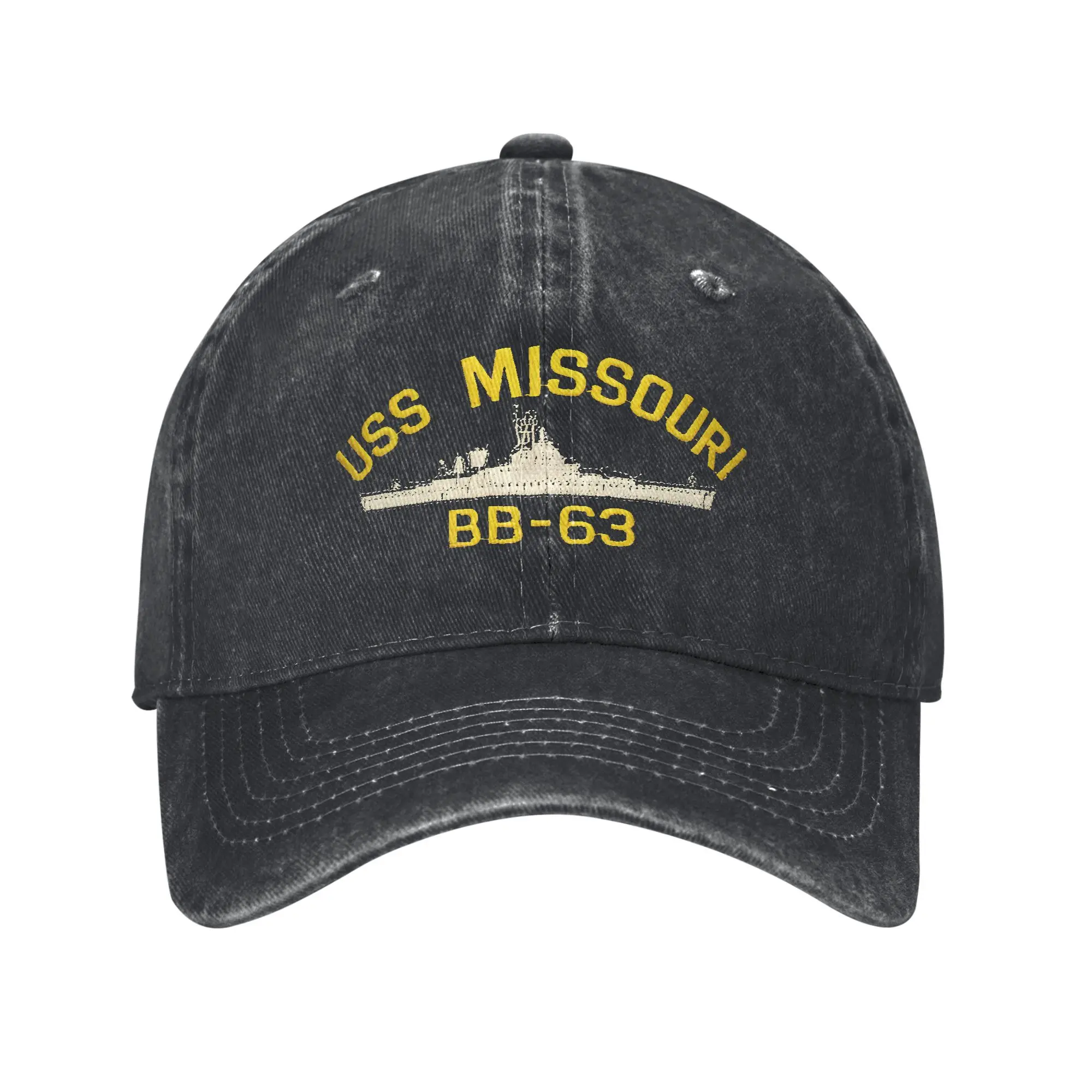 Classic USS Missouri BB-63 Baseball Caps for Men Women Distressed Denim Headwear Warship Navy Ship Outdoor Running Golf Gift Hat