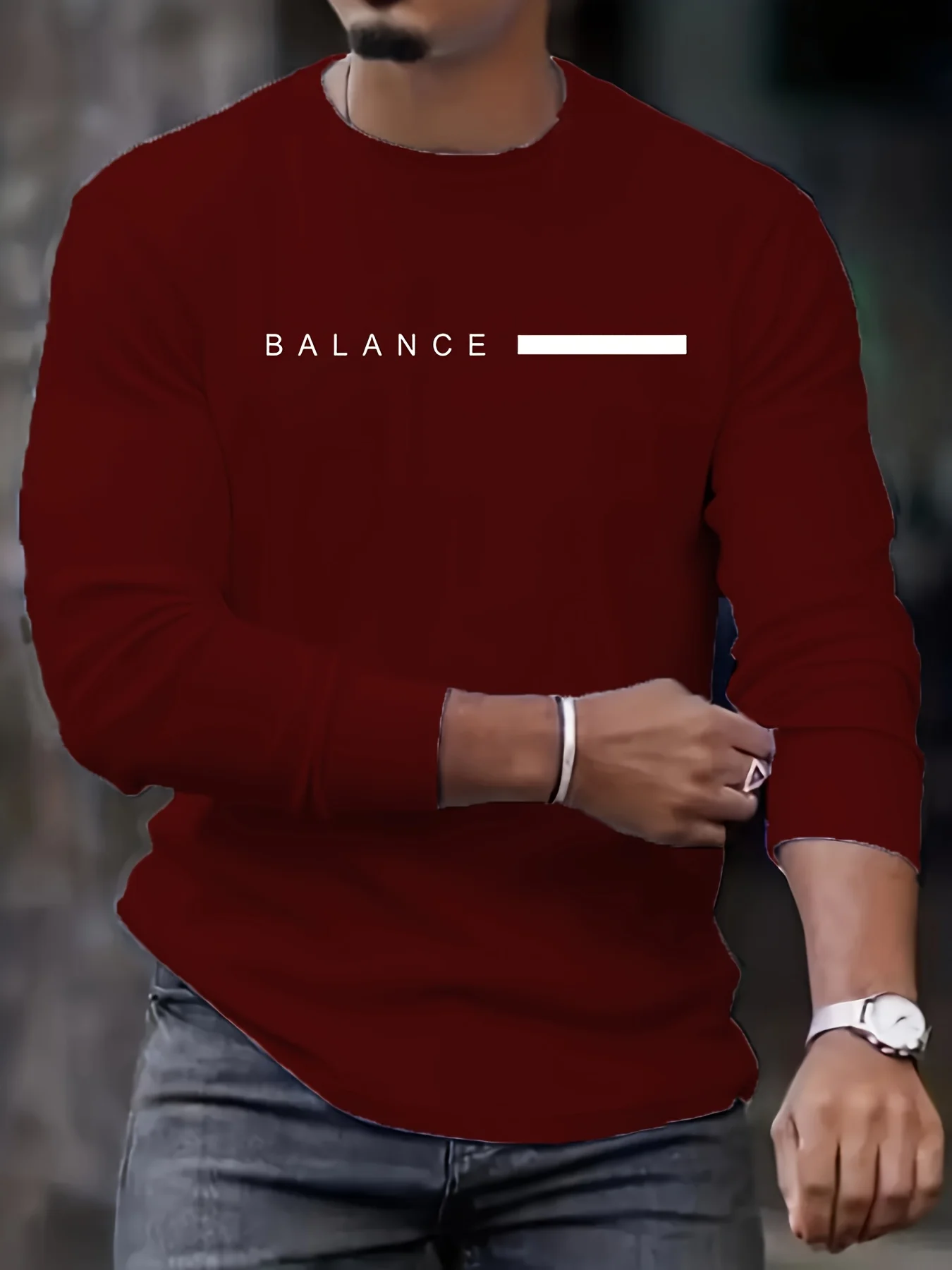 Men's Spring and Autumn 100% Cotton Loose Comfortable Casual Sports BALANCE Letter Printed Round Neck Long Sleeve T-shirt