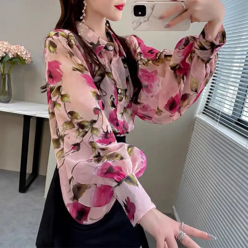 Spring and Summer New Women\'s Polo Collar Chiffon Shirt Fashion Commute Loose Flowy Ruched Lantern Sleeve Button Cardigan Tops