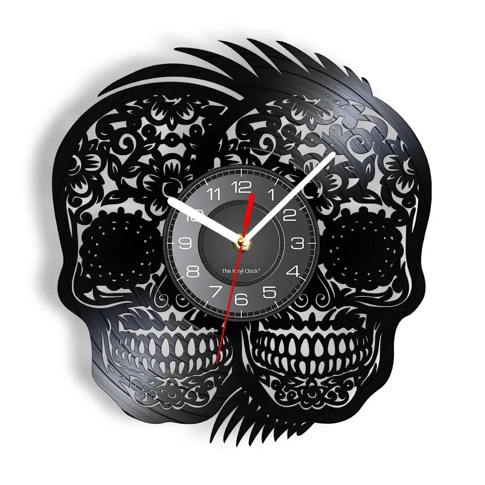 Two Skull Heads Halloween Wall Art Skeleton Heads Vinyl Record Wall Clock Home Decor Death Skulls Modern Wall Clock Handmade Art