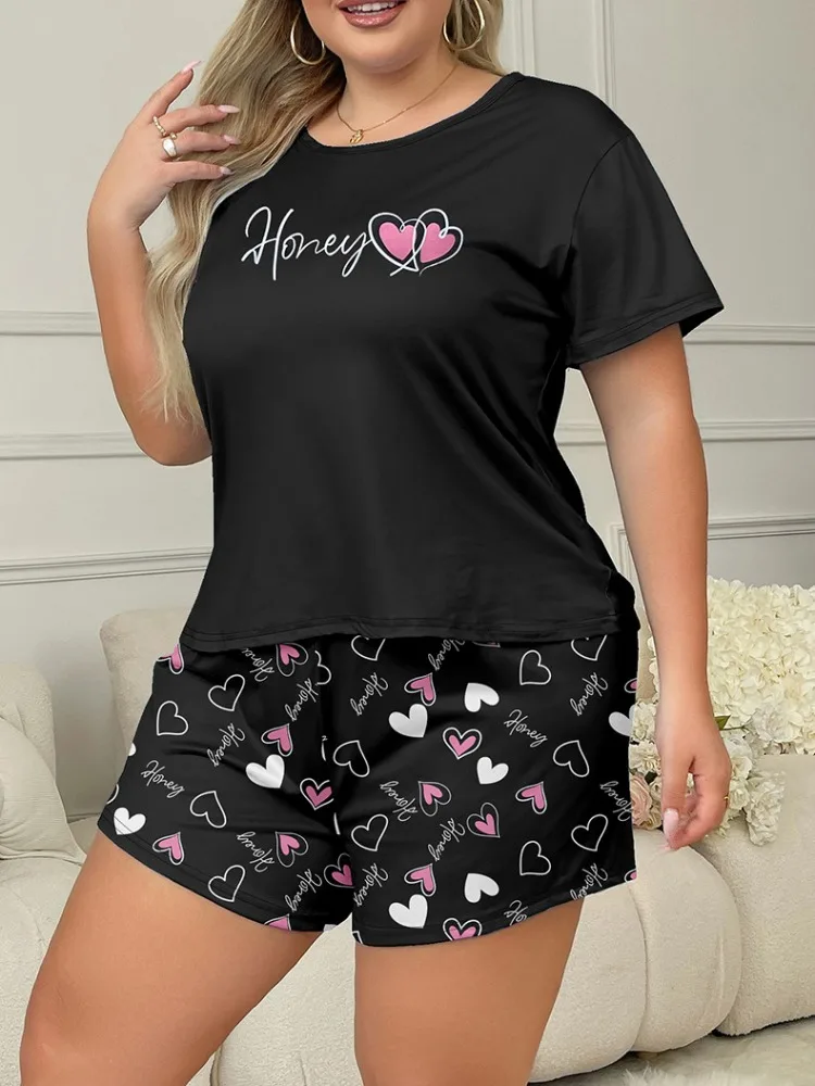 Plus Size Heart Print Women's Pajamas Short Sleeves O Neck Top & Shorts 2 Pieces Female Summer Sleepwear Nightwear Homewear