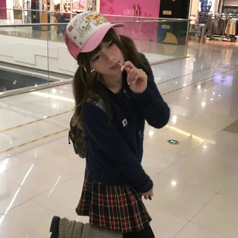 Karrram اليابانية Y2k فروي سترة 2000s نمط محبوك معطف الفرو خمر Harajuku الأزرق الداكن سميكة تريكو الكورية موضة 90s