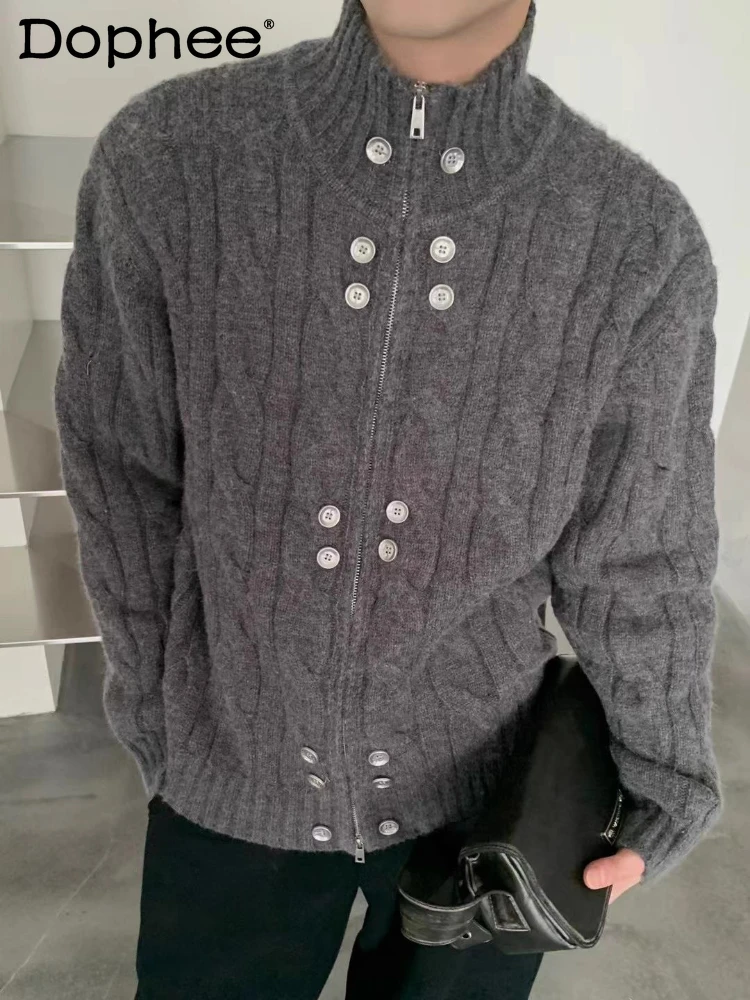 

Men Women Couple 2025 Autumn New Sweater Trendy Button Design Stand Collar Knitted Tops Loose Comfort Fashion Cardigan Knitwears