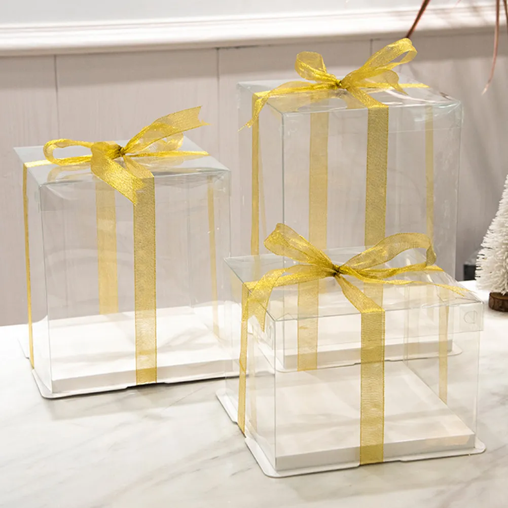 5Pcs Birthday Cake Boxes Transparent Single Layer Eco-Friendly Cake Carrier Ribbon Design Portable Storage Container for Picnic