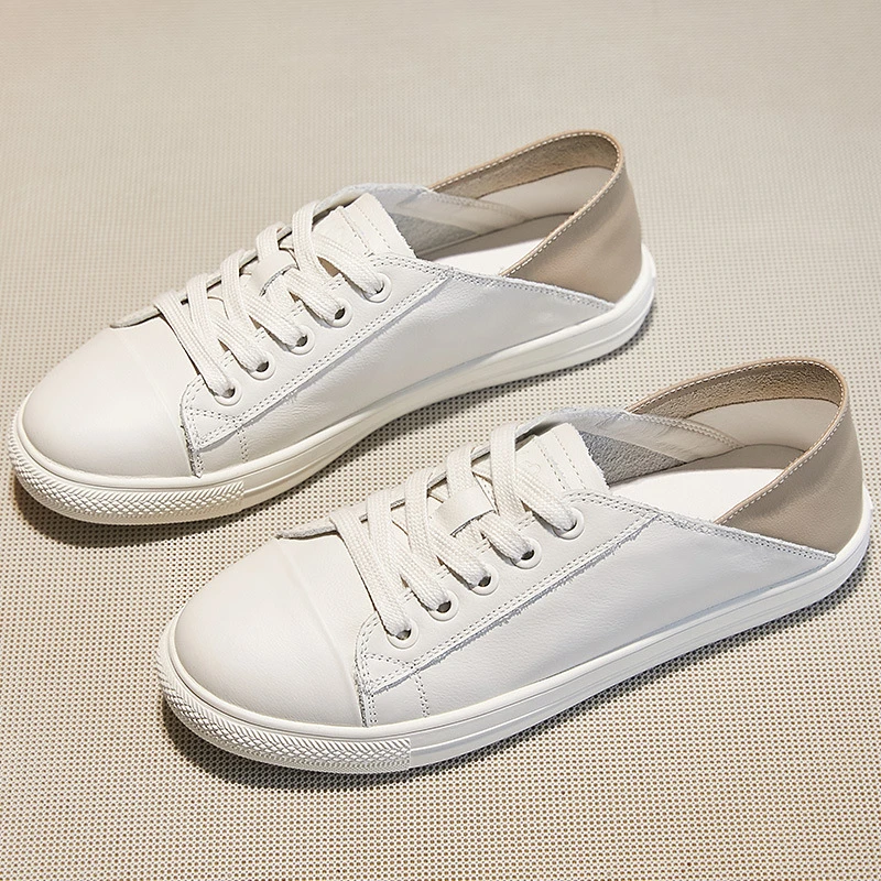 Two Ways Wear Contrast Green Heel Genuine Leather White Sneakers For Women 2026 Summer New Fold Down Collapsible Heel Lace Up - view 5