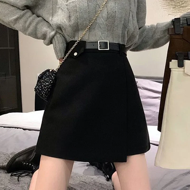 Autumn Women Black A-Line Skirt Korean Style with Belt Mini Skirts Woman High Waist Double-Layer Streetwear Short Skirts