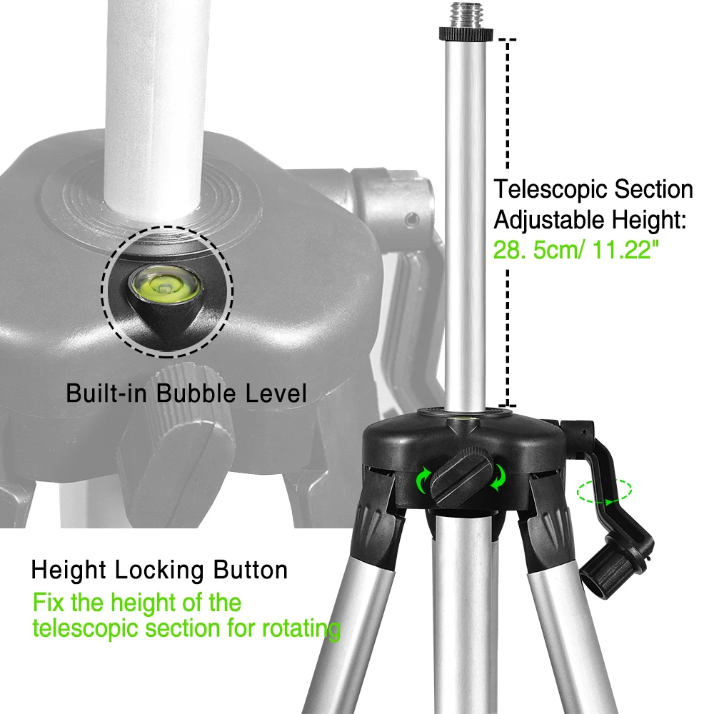 CLUBIONA Treppiede telescopico regolabile universale in alluminio da 1,5 m Testa inclinabile filettata 5/8,1/4 a sgancio rapido per fotocamera con livelli laser