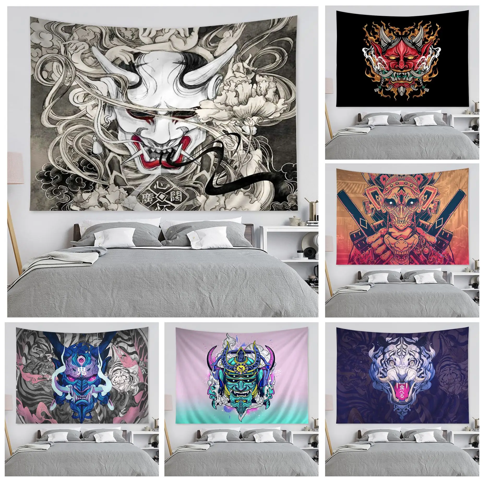 

Japanese Samurai Oni Mask Anime Tapestry Hanging Tarot Hippie Wall Rugs Dorm Kawaii Room Decor Home Bohemian Decoration