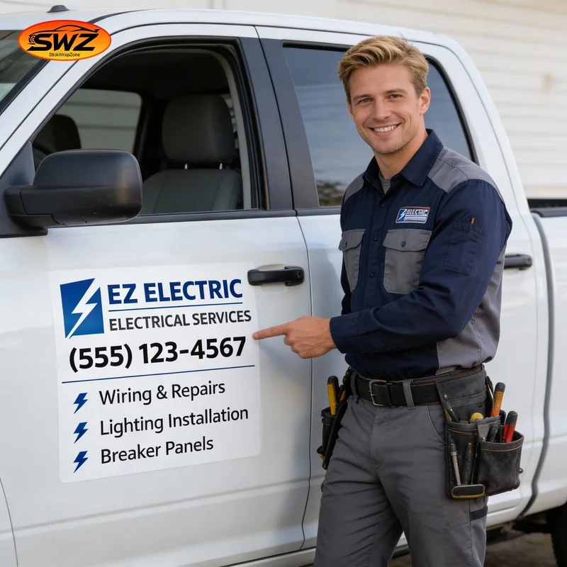 Custom Electrician Business Info Car Sticker – Company Logo, Phone Number, Professional Vehicle Decal
