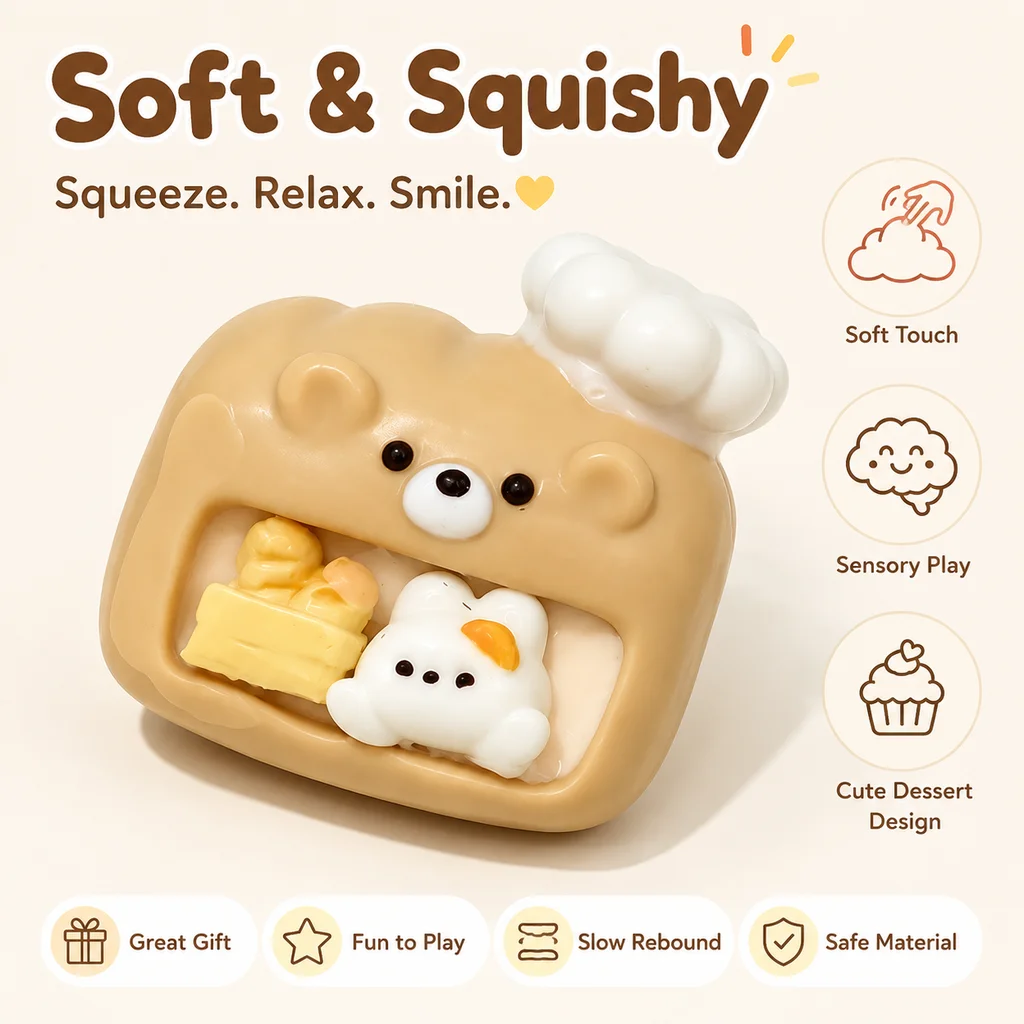 Brown Chef Bear Squishy Toy Food Grade Silicone Soft Pinch Toy Cute Cartoon Animal Shape Stress Relief Hand Fidget Toy