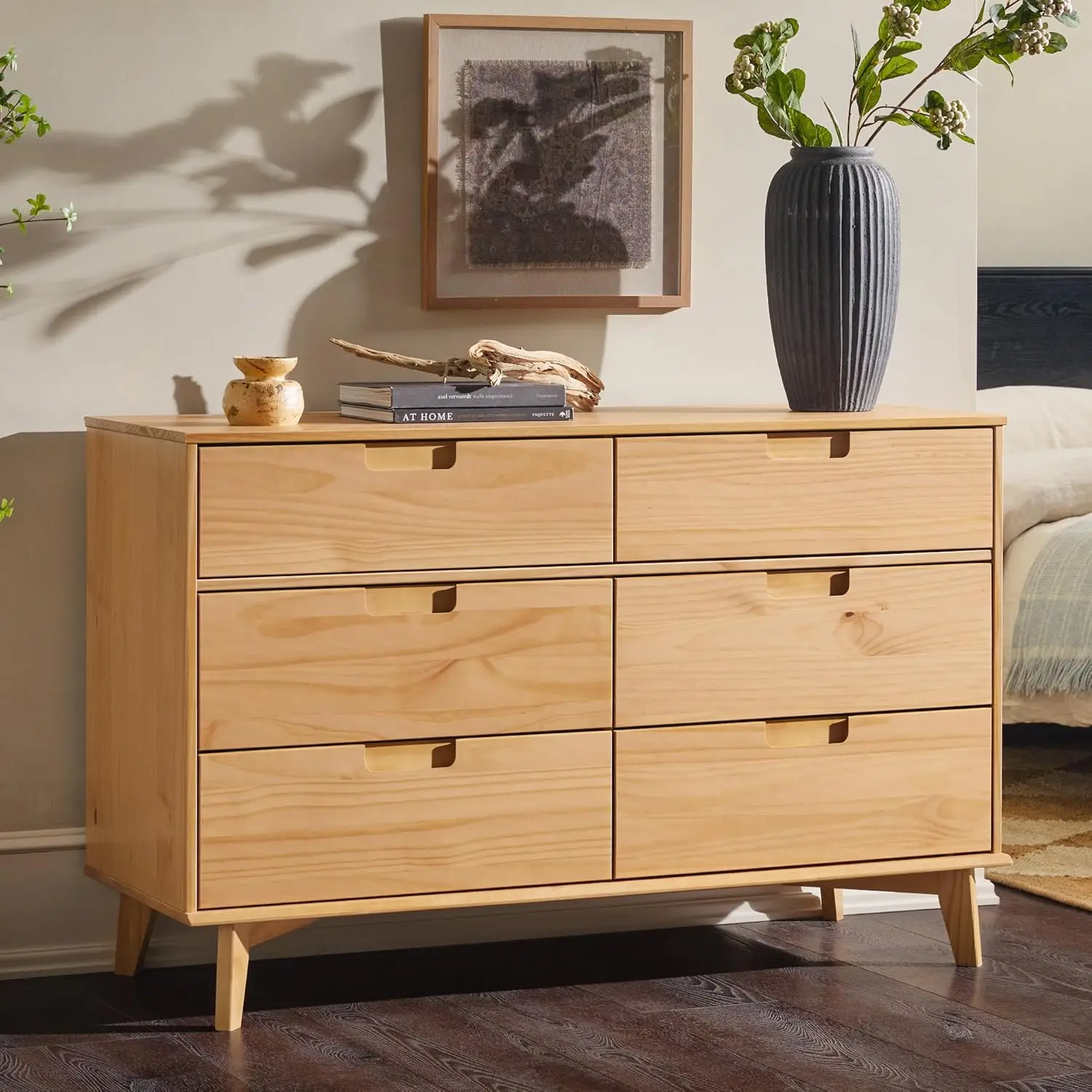 Mid-Century Modern Grooved Handle Wood 6-Drawer Dresser, 52 Inch, Natural Pine