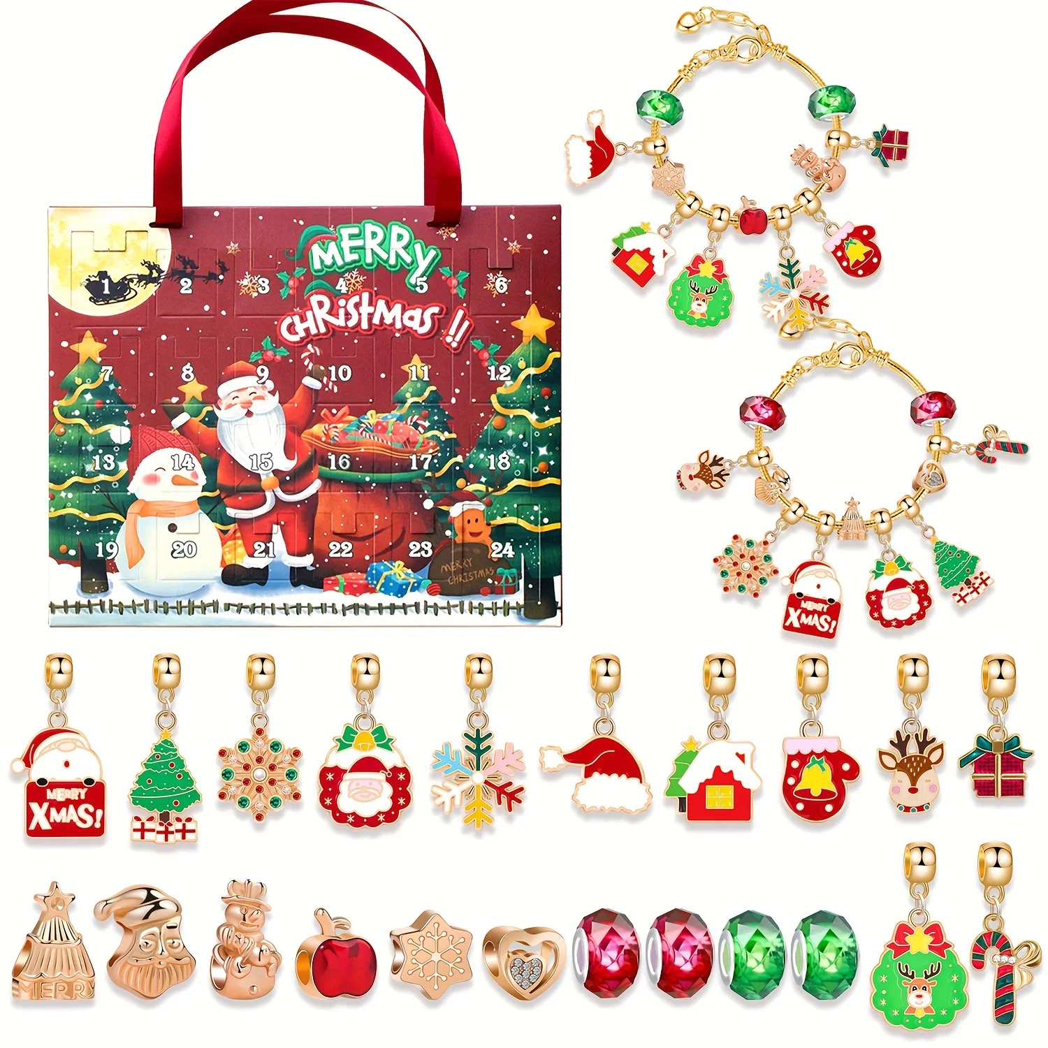 

Portable portable Christmas countdown gift box, 24-day advent calendar, including Santa Claus, snowflakes, snowman pendants,