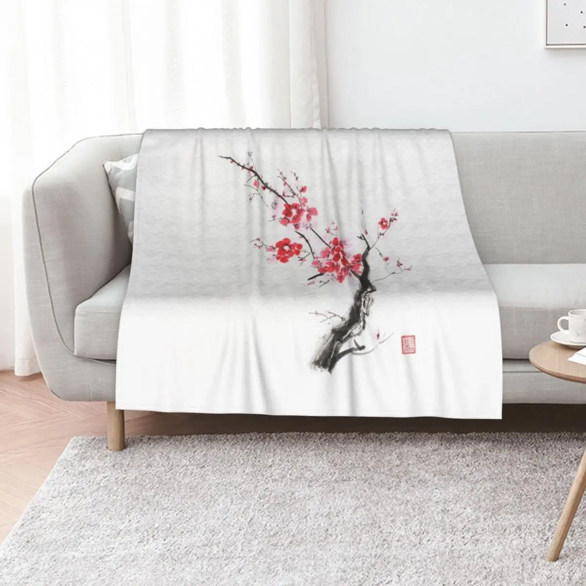 Cherry blossom abstract Japanese Zen painting of Sakura branch with red flowers on white art print Throw Blanket
