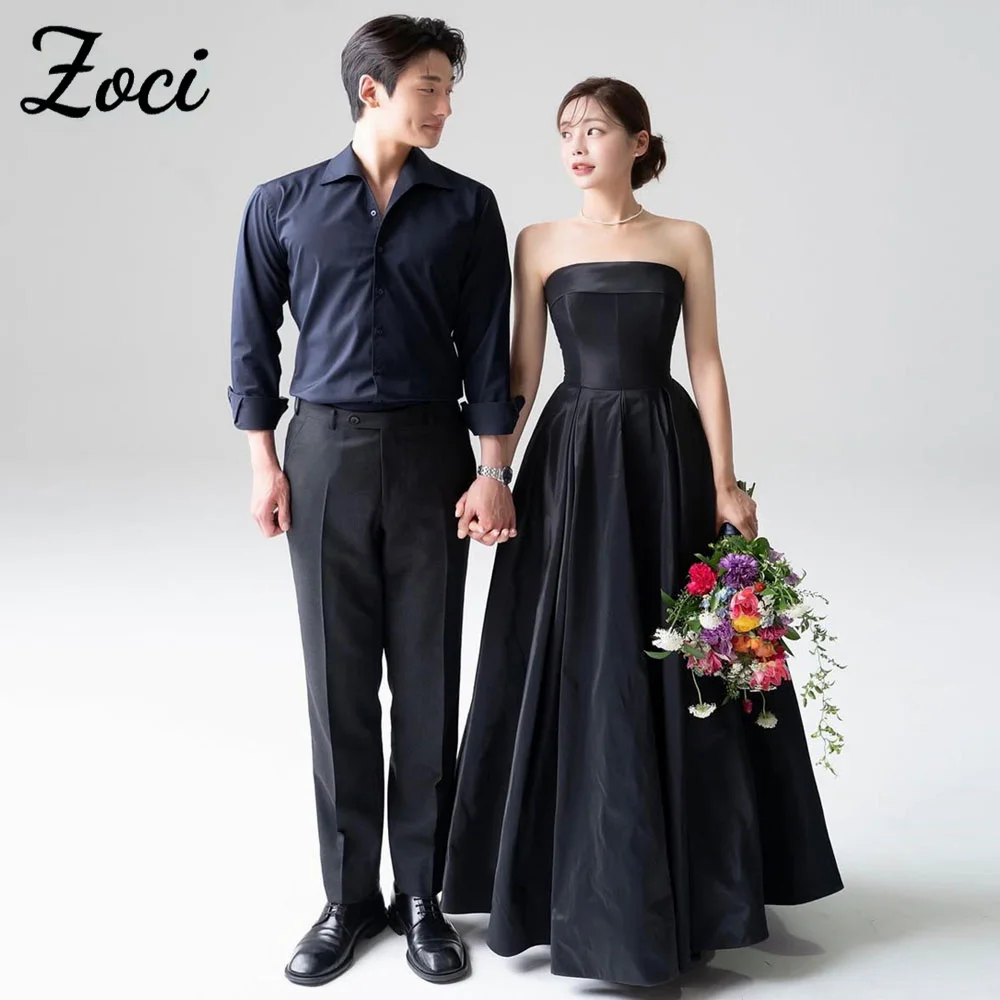 

Zoci Simple Black Korea Wedding Dresses Strapless Draped Photos Shoot Dress Customized Taffeta Big Bow Bride Second Party Gown