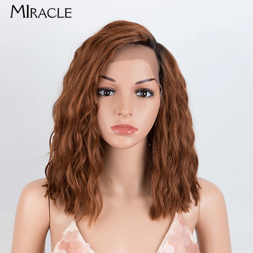 MIRACLE Short Bob Wig Curly Synthetic Lace Front Wig for Women Side Part Brown Yellow Red Cosplay Wigs Heat Resistant Fake Hair