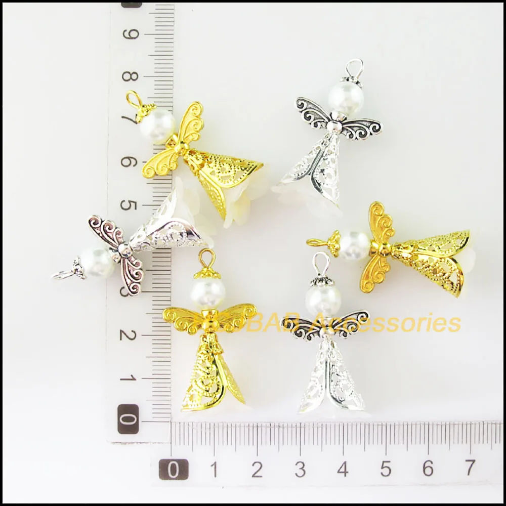 8 New Tibetan Silver Plated Gold Color Charms White Acrylic Angel Wings Pendants 22x37mm