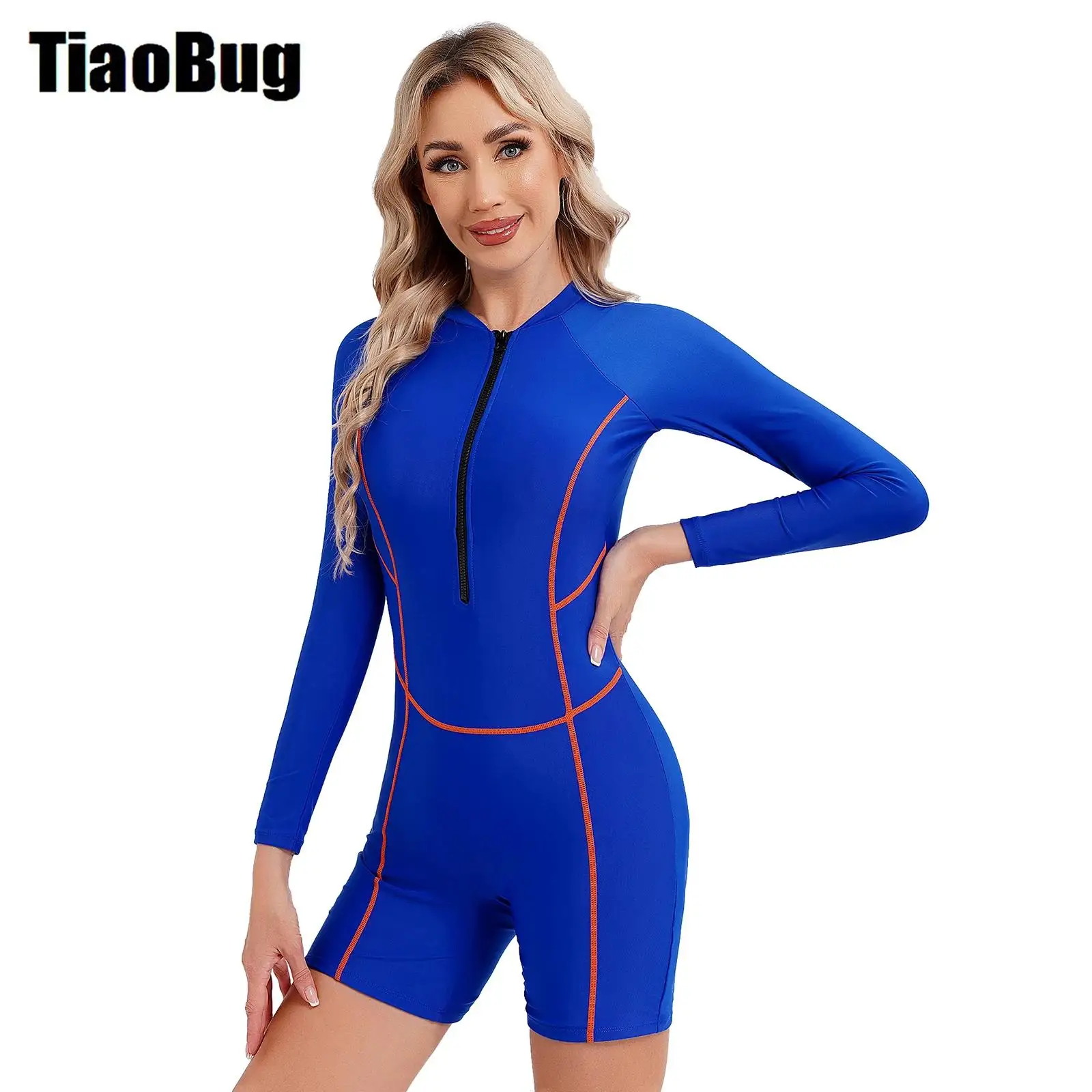 

Women One-piece Zipper Swimsuit Long Sleeve Padded Front Swimsuit Boyleg Athletic Swimwear Pool Beach Surfing Bathing Suit