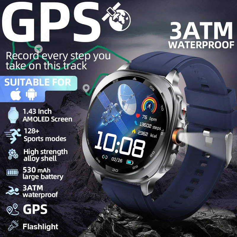 

LIGE GPS Smart Watch Premium Military Bluetooth Call Outdoor Sports 3ATM Waterproof AMOLED 1.43 Inch Screen New Smartwatch Men