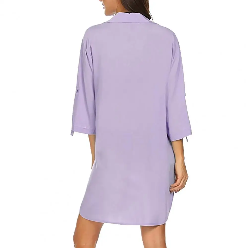 

Spring Dress Solid Color V-neck Shirt Dress Loose Fit Three-quarter Sleeve Beach Cover-up with Side Slit Solid Color Dress