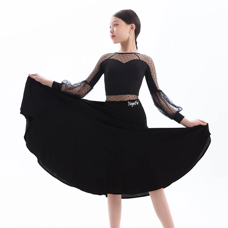 

Girls Ballroom Dancing Dress Polka Dots Mesh Stitching Long Dress Tango Dance Competition Clothes Waltz Performance Wear VDB5332