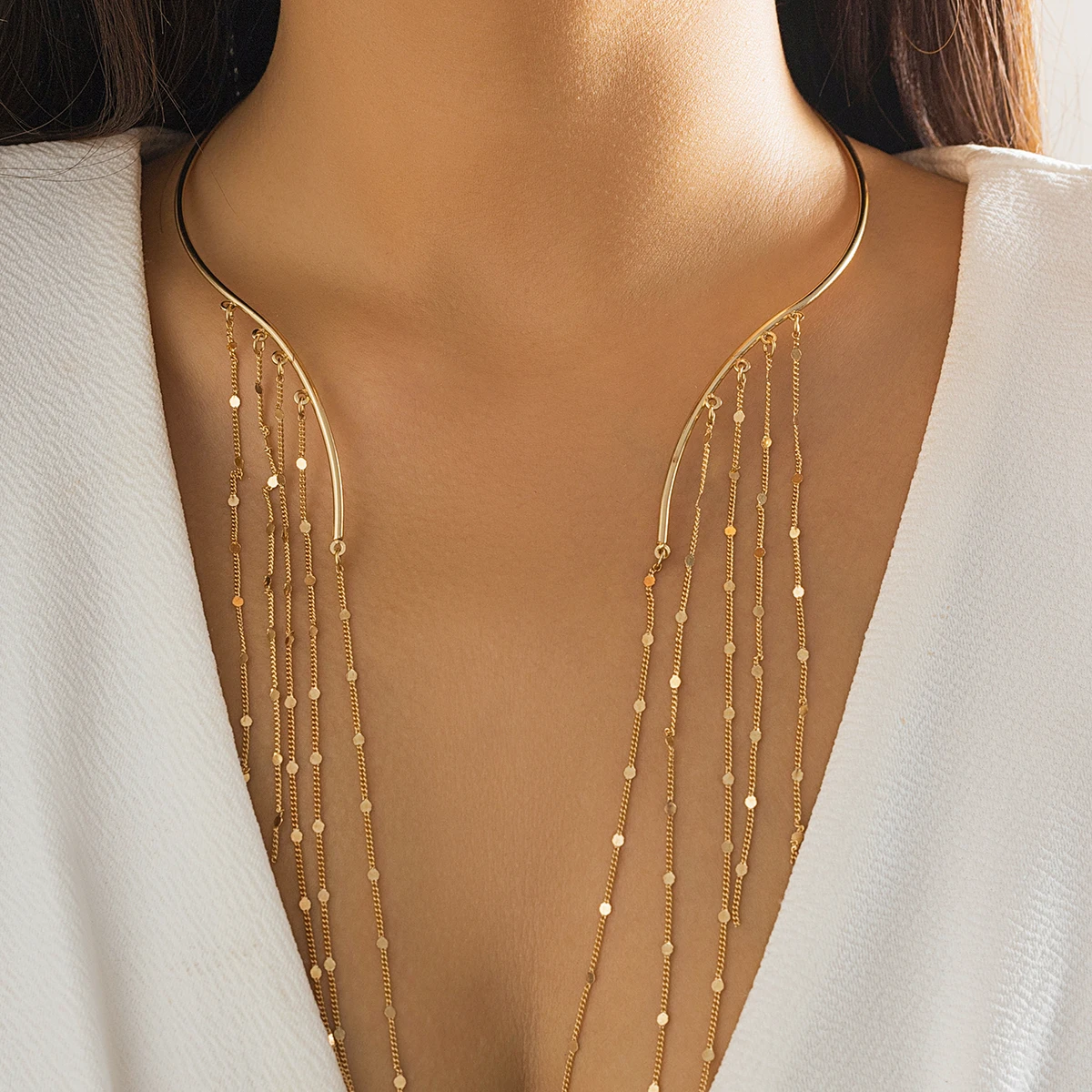 PuRui Vintage Star Round Long Tassel Open Collar Imitation Pearl Crystal Charm Necklace Choker for Women Jewelry On The Neck New