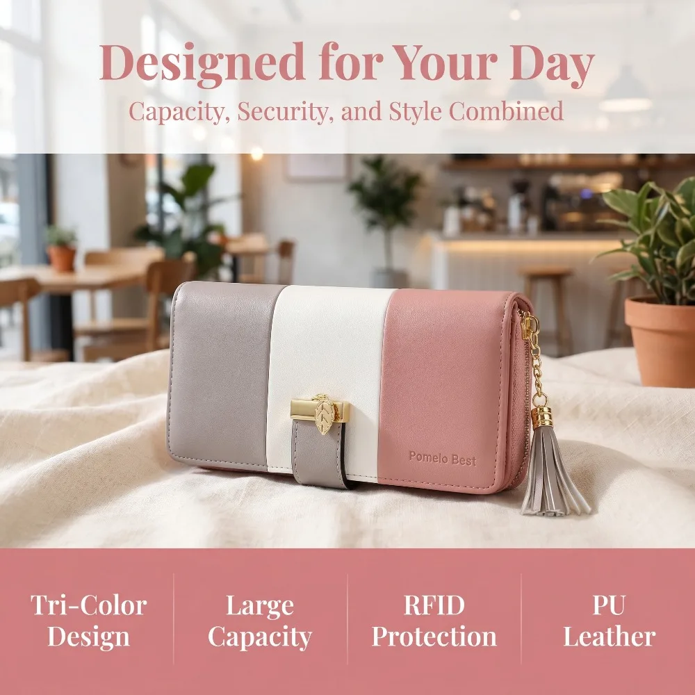 Pomelo Best Tri-color Women's Wallet Zipper Long Billfold PU Leather Large 9 Card Slots Coin Purse RFID Blocking Tassel Pendant