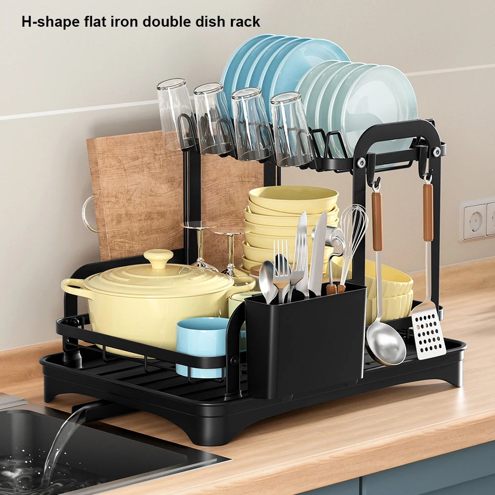 2 Tier Dish Drying Rack Cutting Board Holder Dish Rack 360-Degree Retractable Drain Bowl Dish Draining Shelf for Kitchen Counter