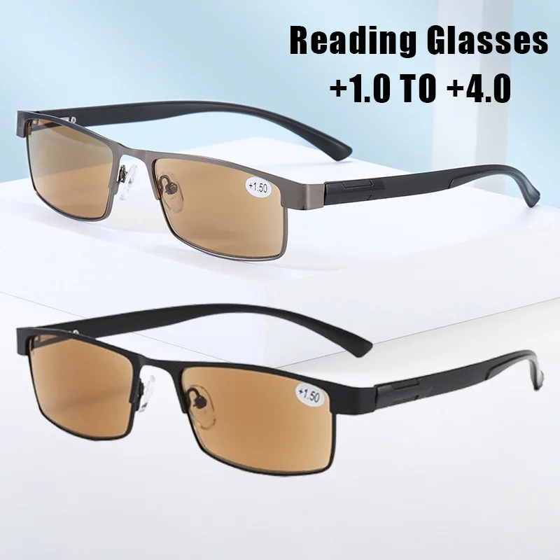 

Metal Half Frame Presbyopia Glasses Stylish Square Frames Tea-Tinted Lenses Blue Light Blocking Classic Business Glasses