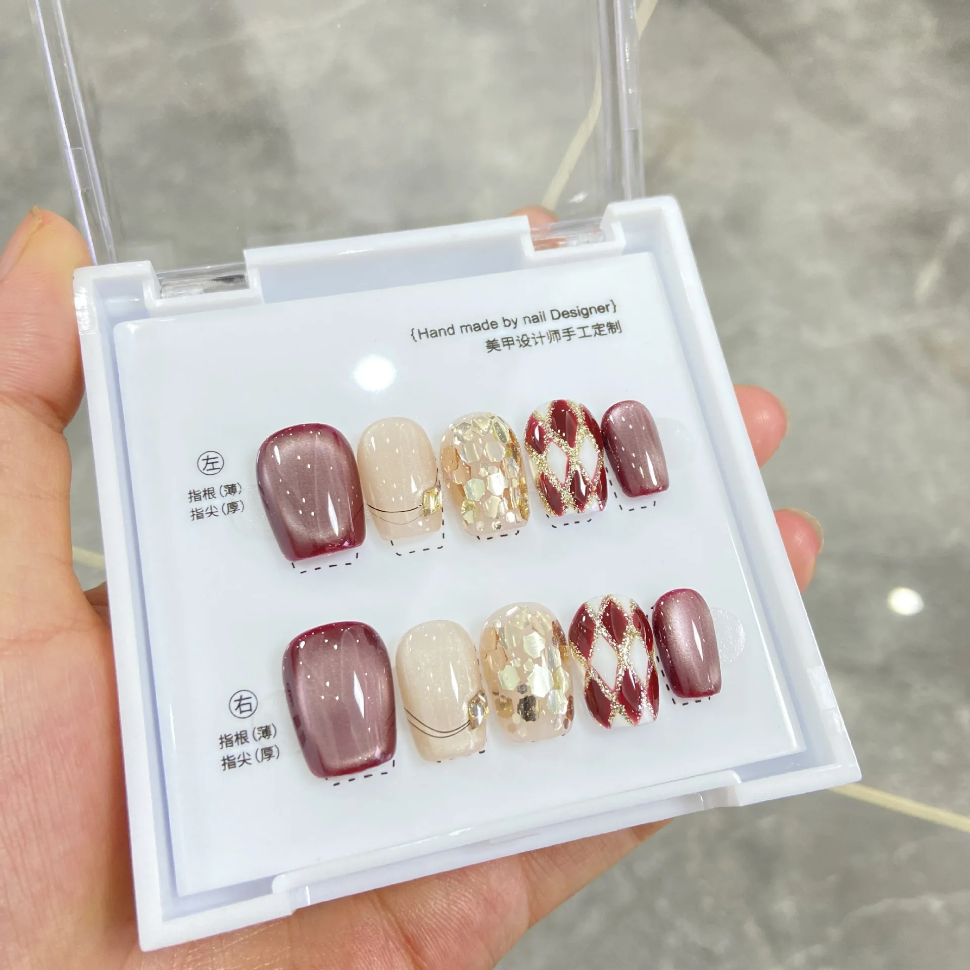 

10pcs Handmade Press on Nails Red Plaid Diamond Burgundy Floral Pattern False Nail for Women&Girl Removable Wearable False Nail