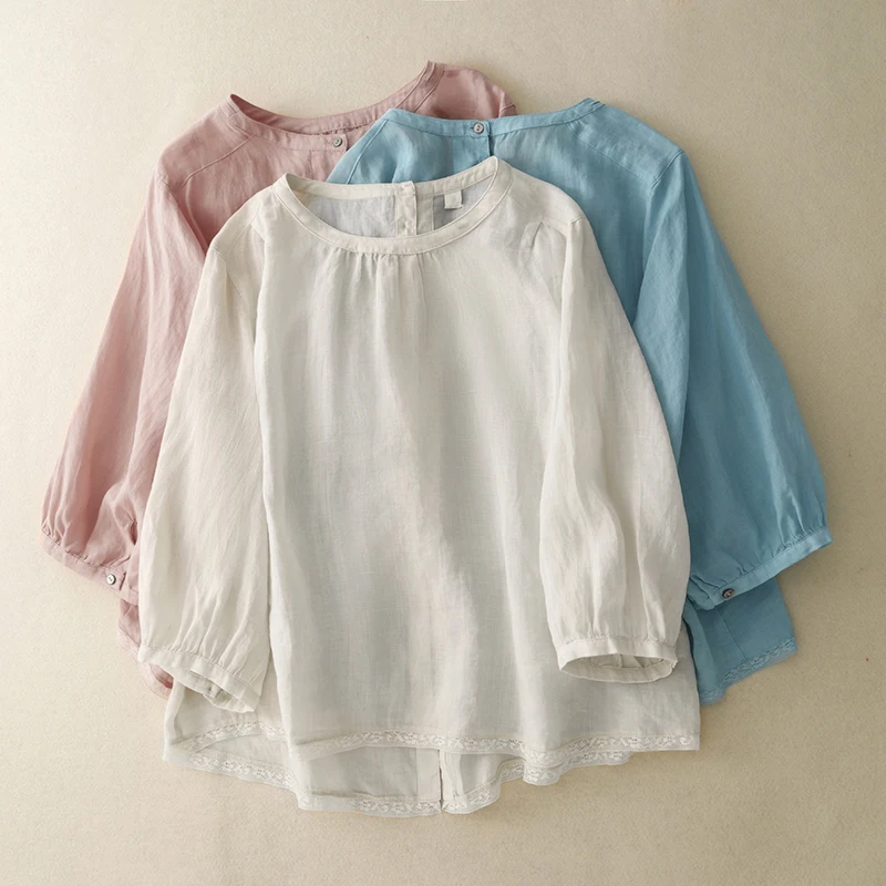 

Two Sides Wear Pink Blue Beige Cotton Linen Shirts Blouses Women Summer Button-Up Sweet Top Elegant Casual Loose Top With Lace
